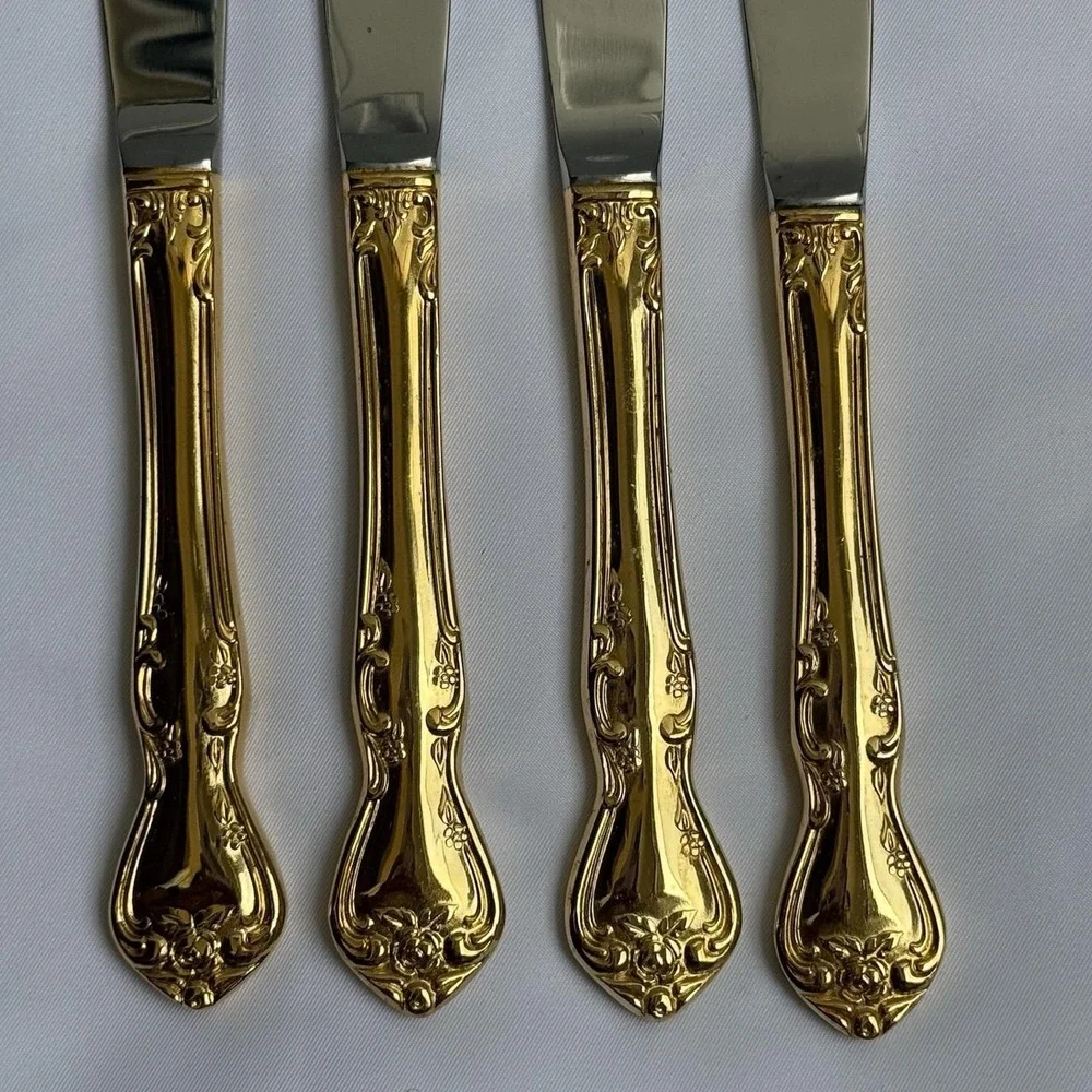 Reed & Barton Ultra Select Gold Handle‎ Dinner Knives Set 4 Japan Floral